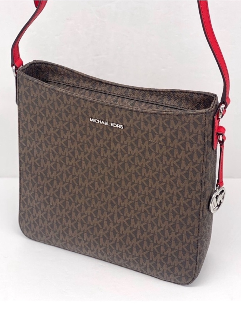 Michael Kors Brown Monogram Messenger Crossbody Bag with Red Strap